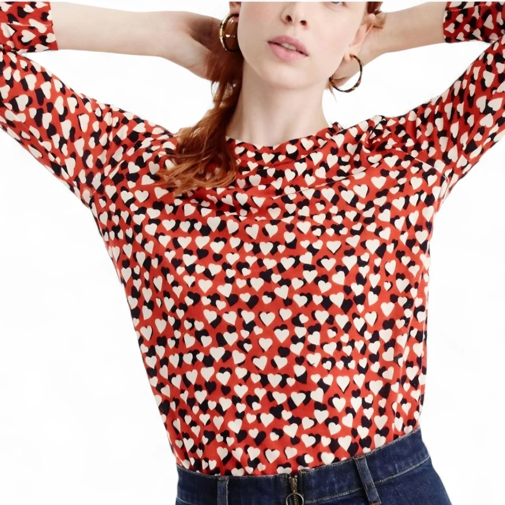 J. Crew Tippi Merino Wool Crew Neck Heart‎ Print Sweater Medium Lightweight - Picture 2 of 9